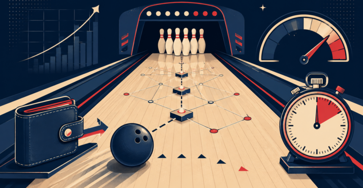Piste de bowling, tableau de score et flux de transaction crypto illustrant des contrôles distincts.